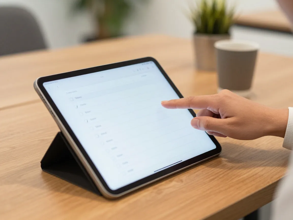 Ένα χέρι δείχνει μια λίστα ελέγχου σε tablet σε φωτεινό χώρο συνεργασίας, με καφέ και φυτό στο βάθος.
