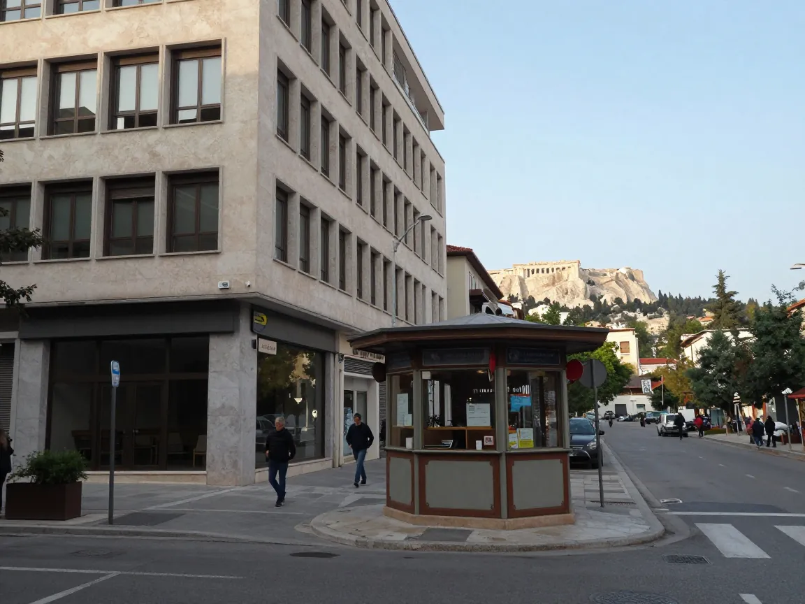 Γωνία δρόμου στην Αθήνα με σύγχρονο κτίριο γραφείων, περίπτερο και τον Λυκαβηττό στο βάθος.