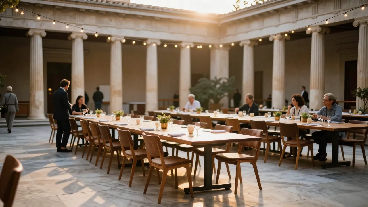 Tables set for an evening event in a neoclassical Athens courtyard with warm string lights.