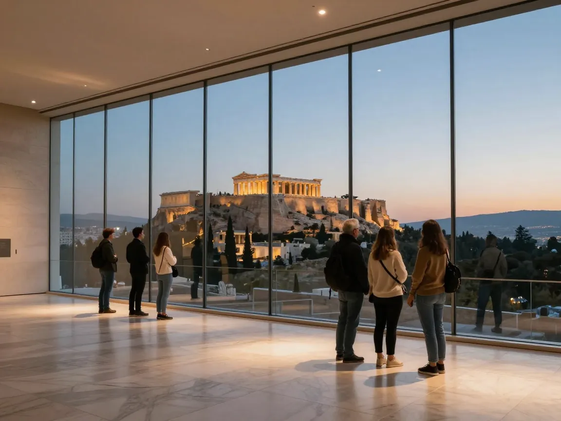 Visitors seen from behind looking at the Acropolis through glass walls of a modern museum at dusk.