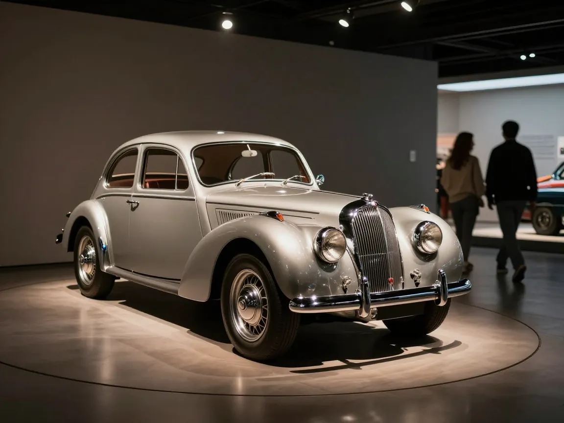 A classic car on a spiral ramp inside a museum, with two blurred figures walking in the background.
