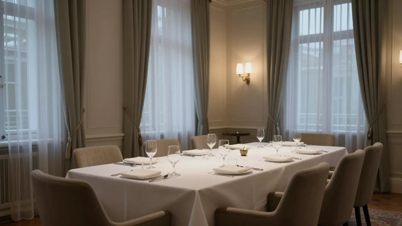 Elegant private dining room in Athens with a long table set for dinner.