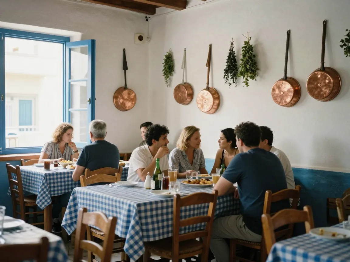 Παραδοσιακό εσωτερικό ελληνικής ταβέρνας με μακρύ τραπέζι στρωμένο για παρέα.