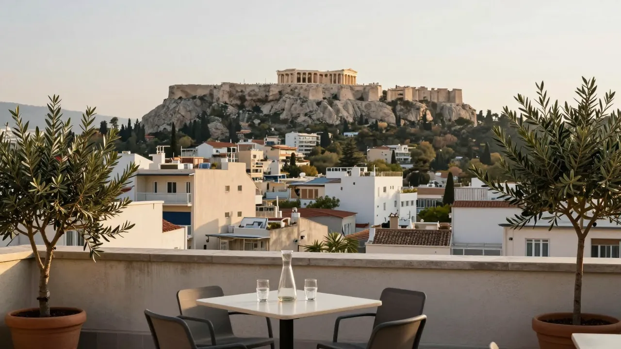 Athens rooftop terrace at golden hour with city view and Acropolis in the distance