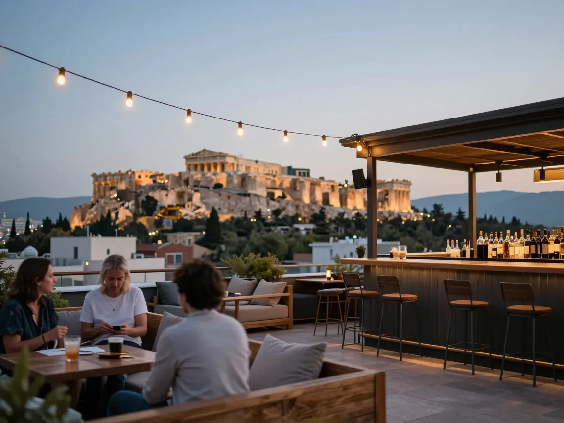 Athens rooftop bar at night with string lights, lounge seating and distant Acropolis