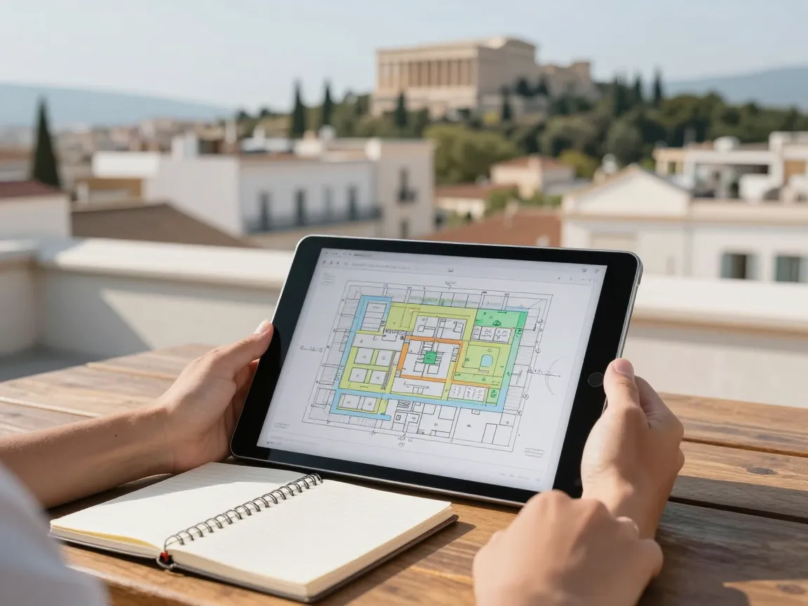 Hands holding a tablet with a floor plan on an Athens rooftop table with city view