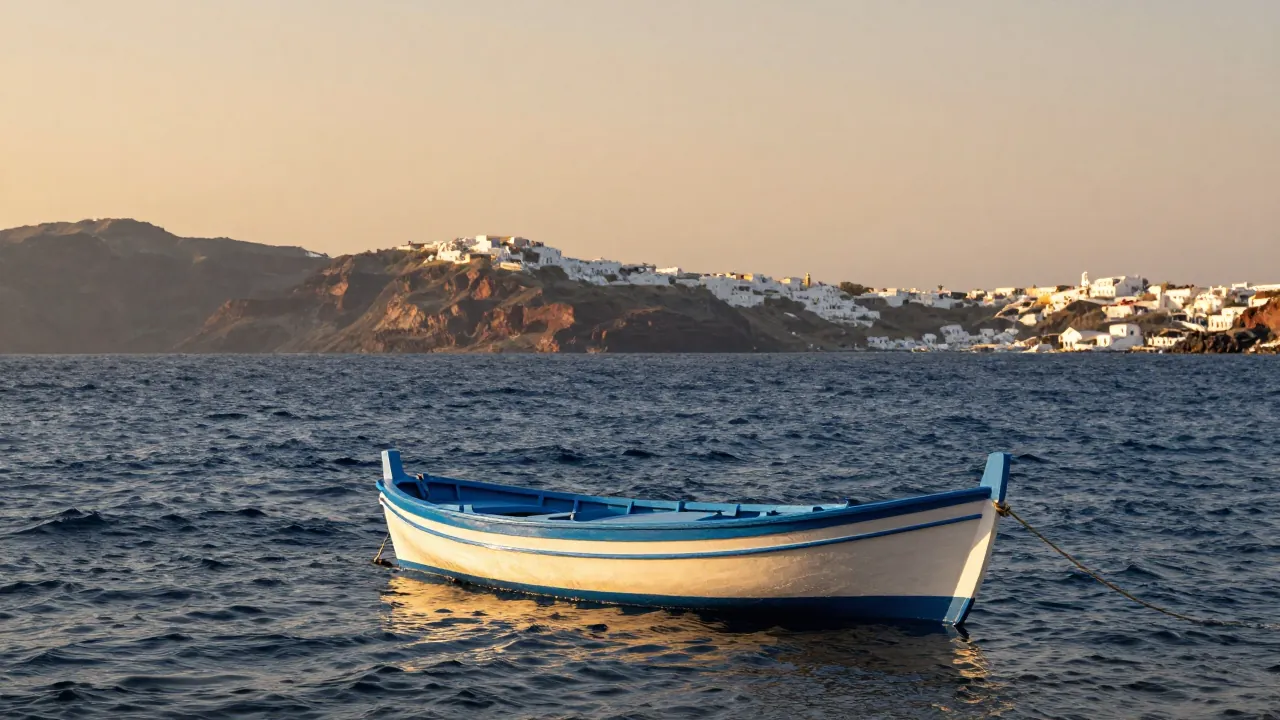 Wooden boat in Santorini caldera at sunset with Oia village in the background.