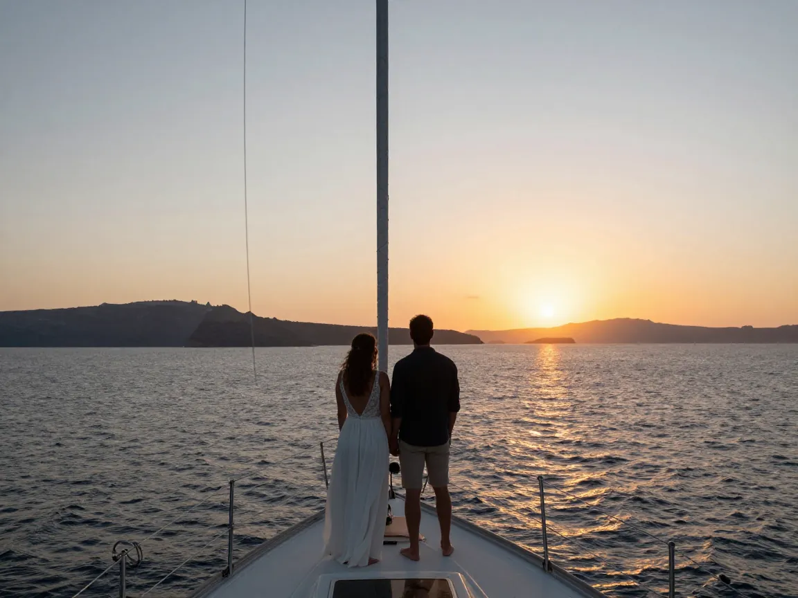 Couple standing on a yacht bow watching the sunset over the Santorini caldera.