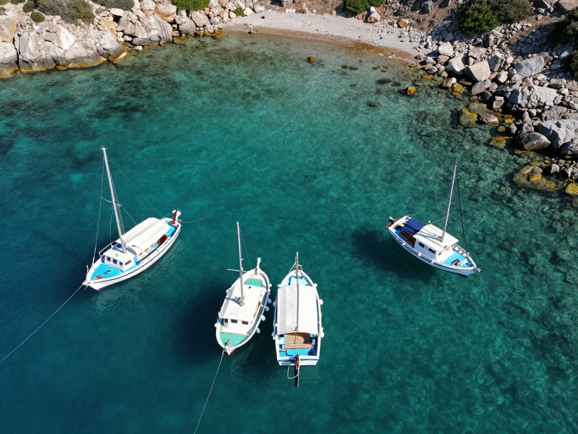Aerial view of traditional Greek boats and catamarans anchored in a turquoise bay.