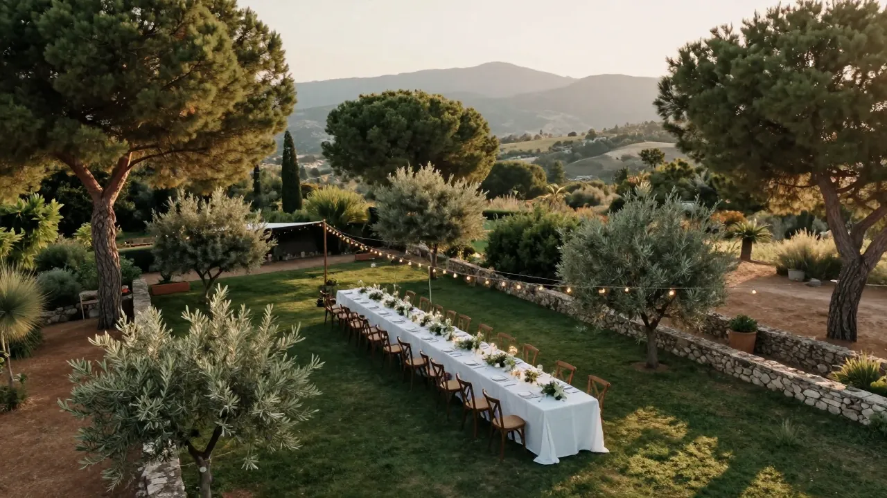 Golden-hour drone view of an outdoor garden wedding table set under string lights among pine trees near Acharnes.