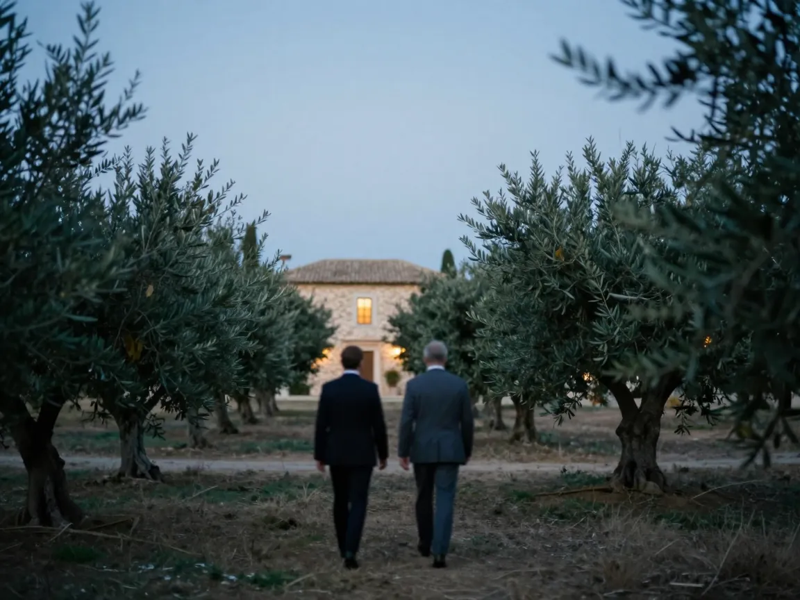 Πίσω όψη από απόσταση ενός ζευγαριού που περπατά σε ελαιώνα προς πέτρινο κτήριο με φωτισμένα παράθυρα το σούρουπο.