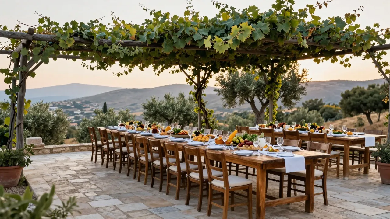 Outdoor banquet table set for a wedding on a stone terrace with olive trees and Attica hills at sunset.