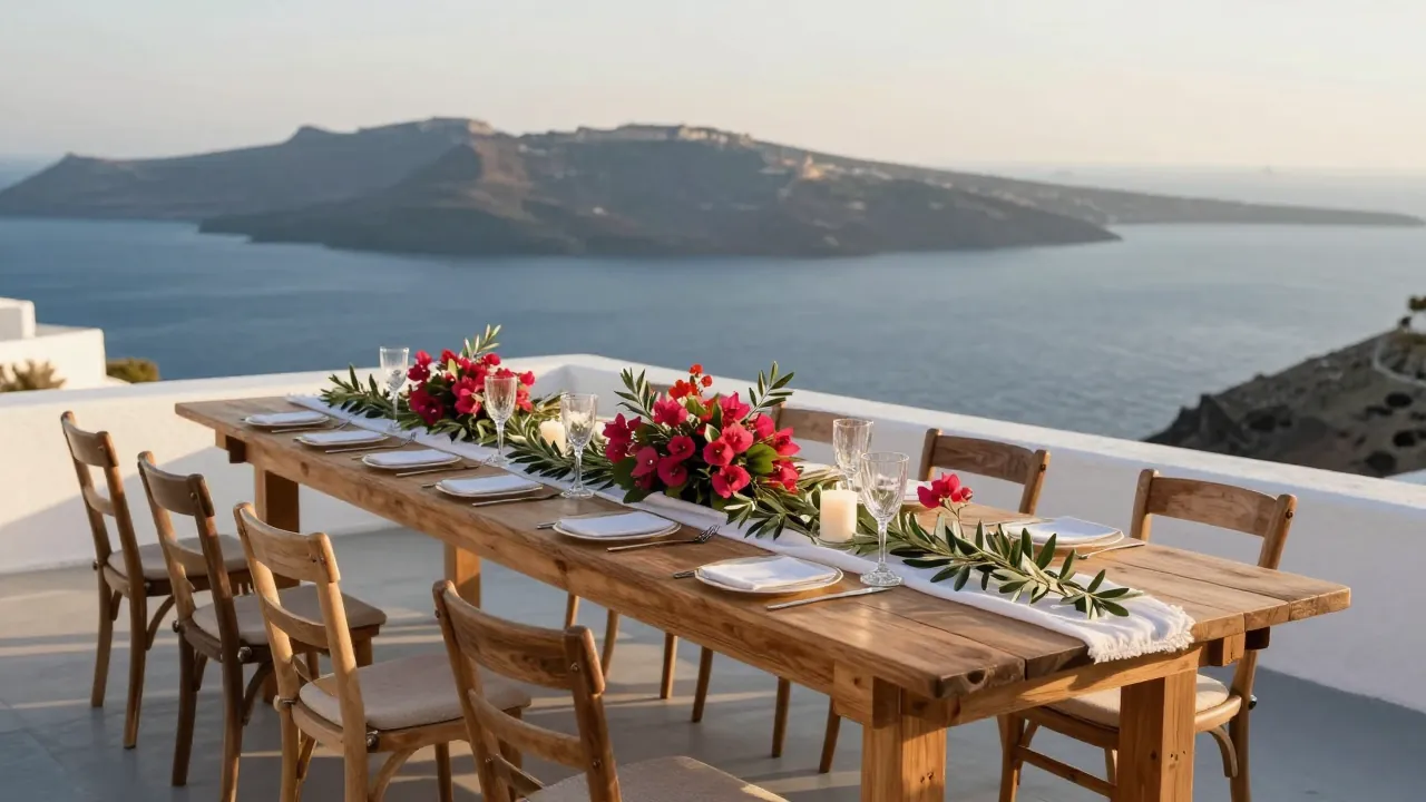 Whitewashed terrace set for a wedding with bougainvillea, olive branches, and caldera view at sunset.