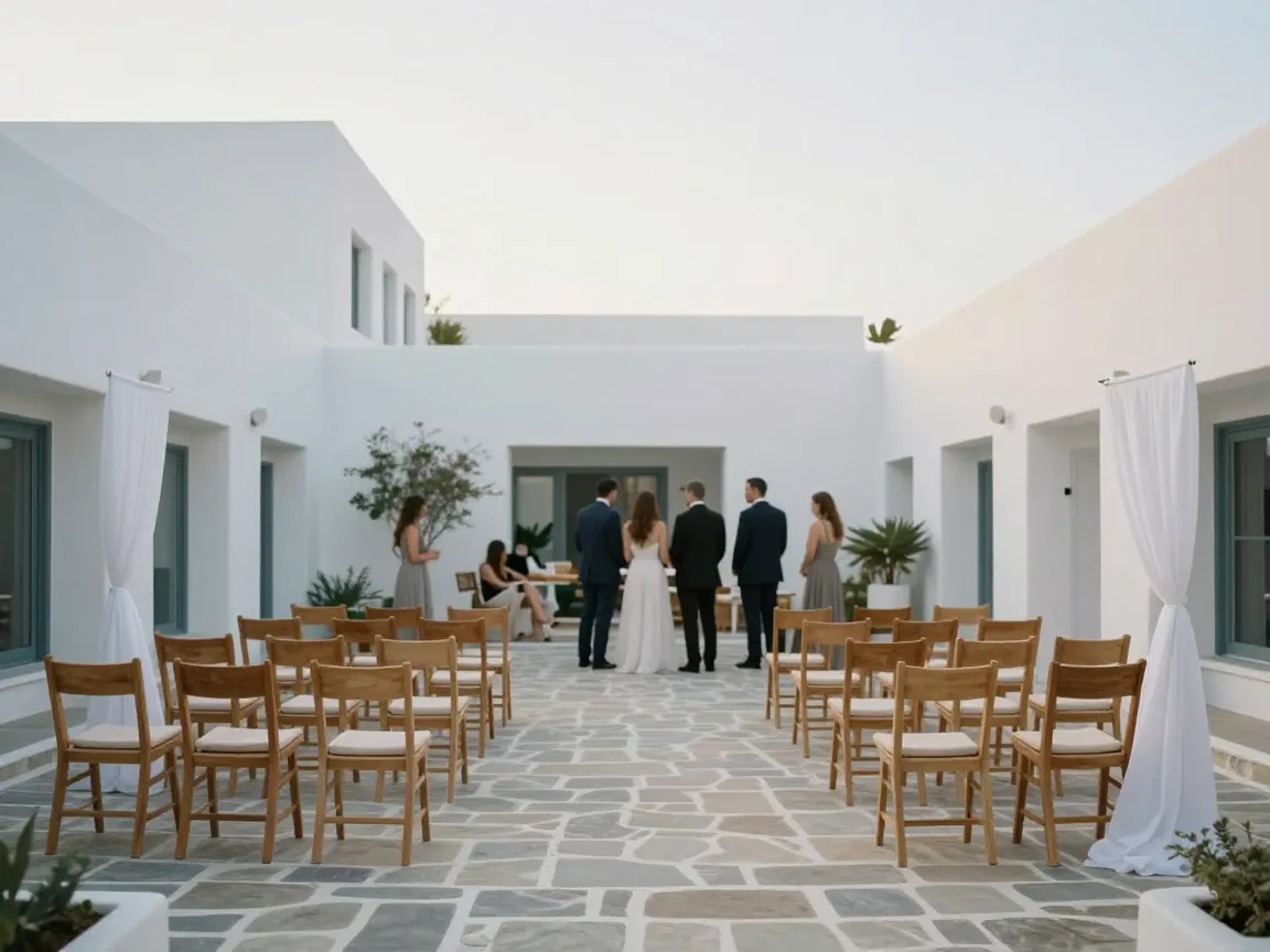 Modern Cycladic hotel courtyard set with rows of chairs for a wedding, guests seated from behind at a distance.