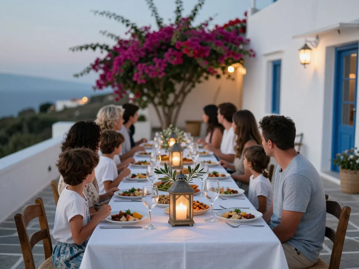 Long dinner table on a stone terrace at dusk with Greek food, lanterns, and guests seen from behind.