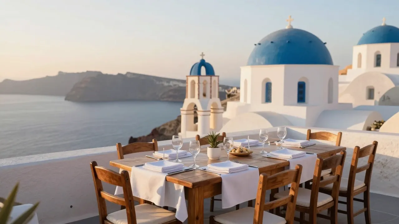 Whitewashed Cycladic terrace set for a private event overlooking the Santorini caldera at sunset.