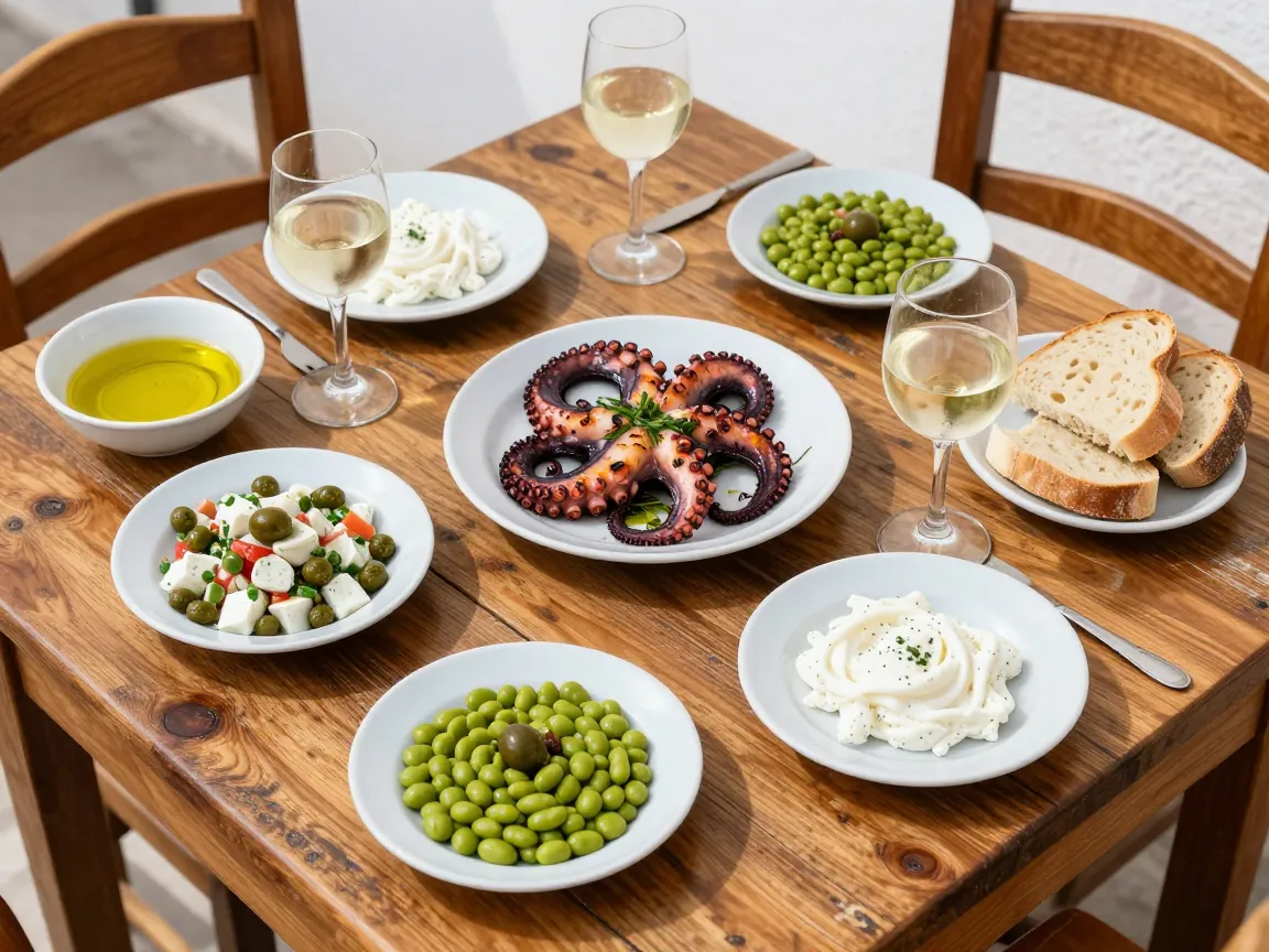 Ελληνικοί μεζέδες σε ξύλινο τραπέζι με ποτήρια κρασιού στο φυσικό φως, έτοιμοι για γευσιγνωσία μενού ιδιωτικής εκδήλωσης.