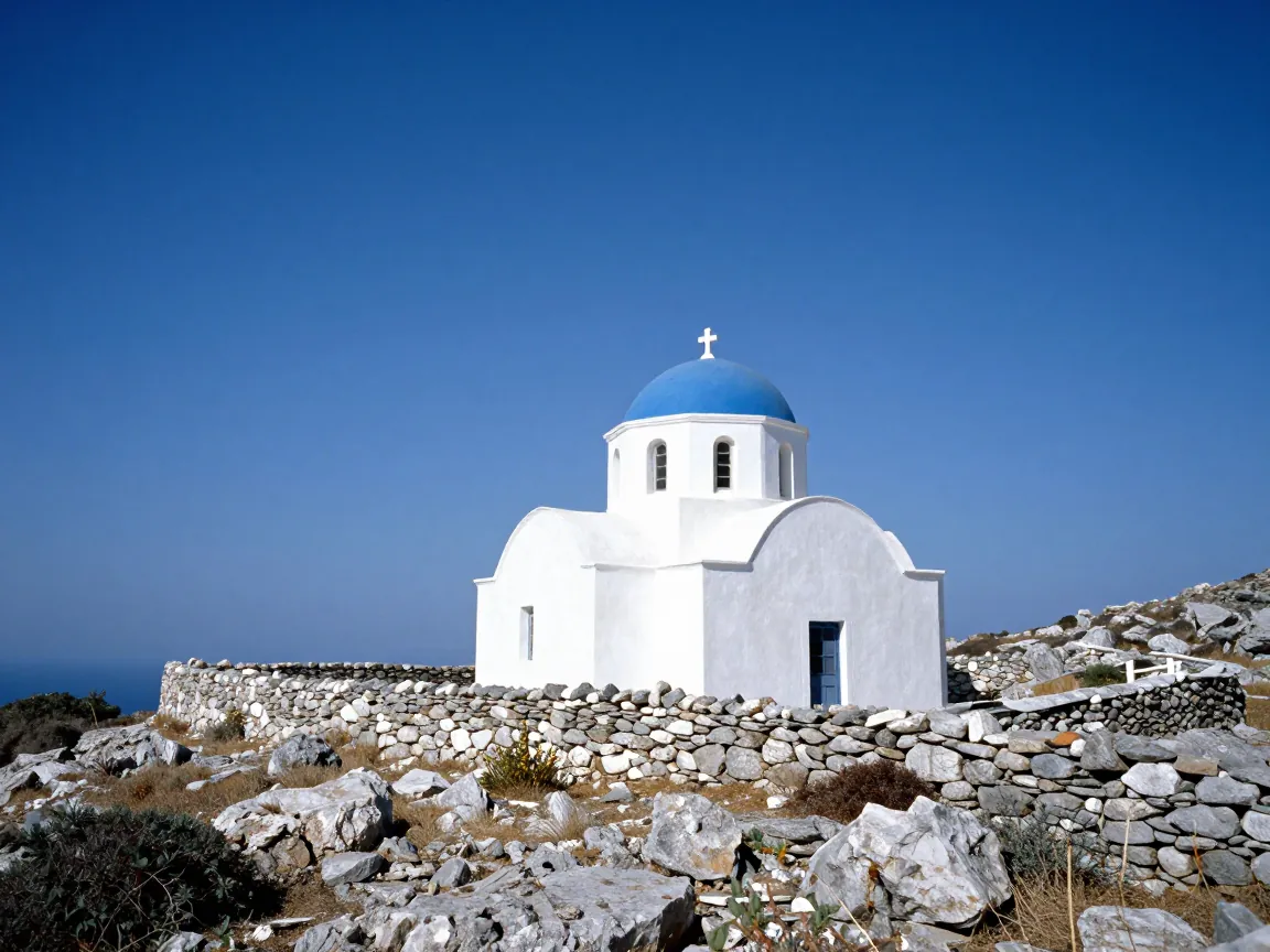 Μικρό ασπρισμένο εκκλησάκι με γαλάζιο τρούλο σε βραχώδη λόφο στις Κυκλάδες κάτω από καθαρό μεσημεριανό ουρανό.