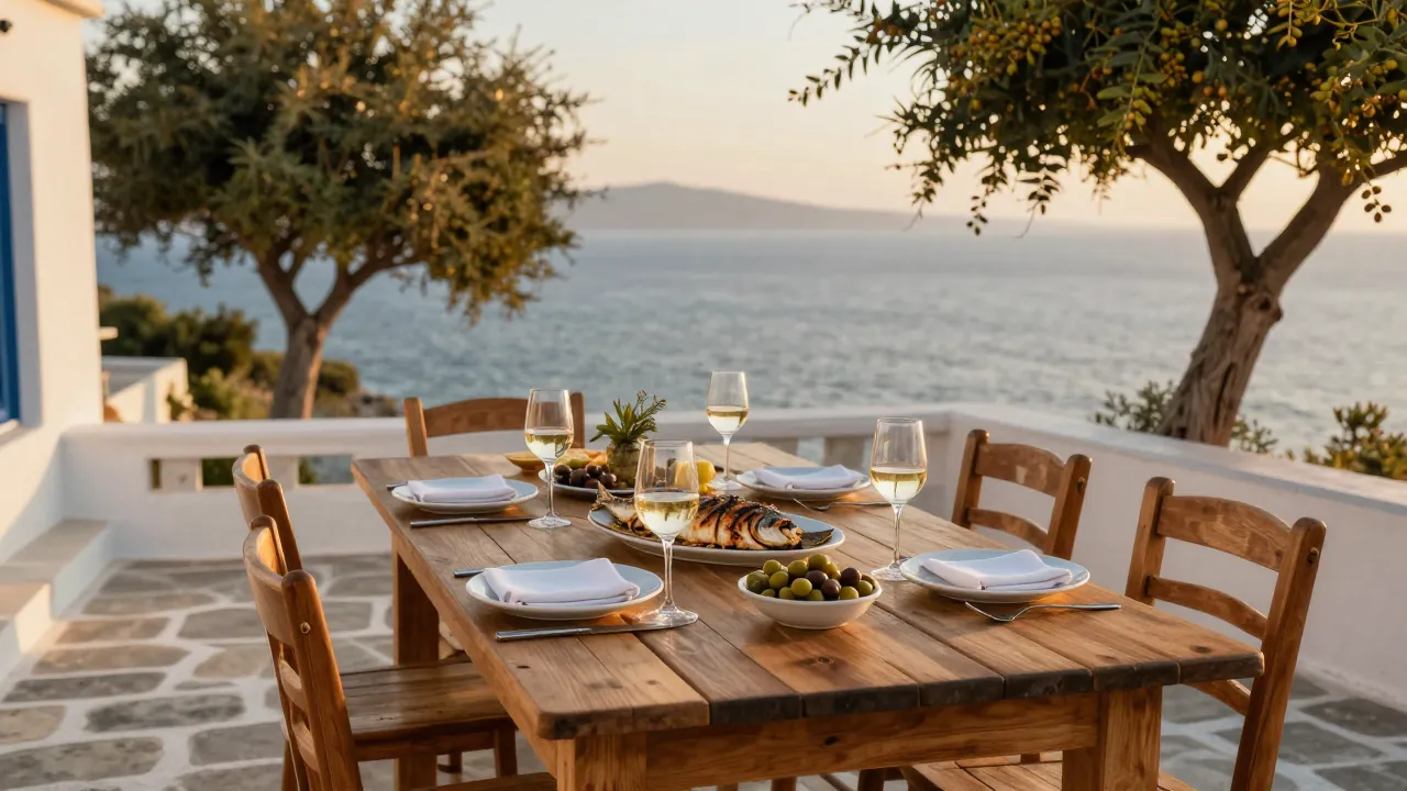 Τραπέζι γάμου στρωμένο με φαγητά σε βεράντα με θέα στη θάλασσα στην Αίγινα.