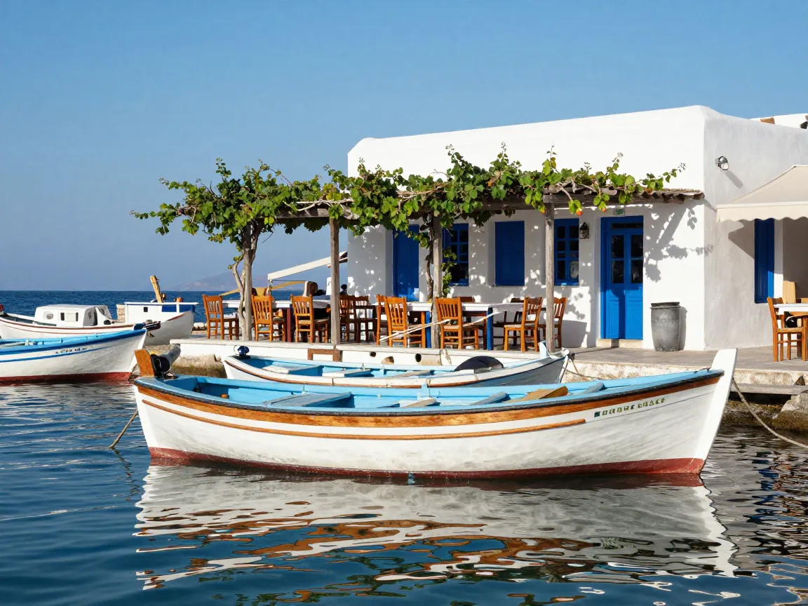Ψαρόβαρκες δεμένες μπροστά από ένα ασπρισμένο ταβερνάκι δίπλα στη θάλασσα στην Αίγινα.