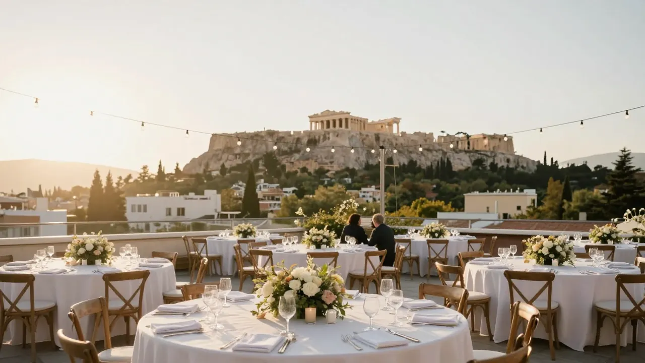 Rooftop wedding tables with string lights overlooking the Acropolis at sunset in Athens.