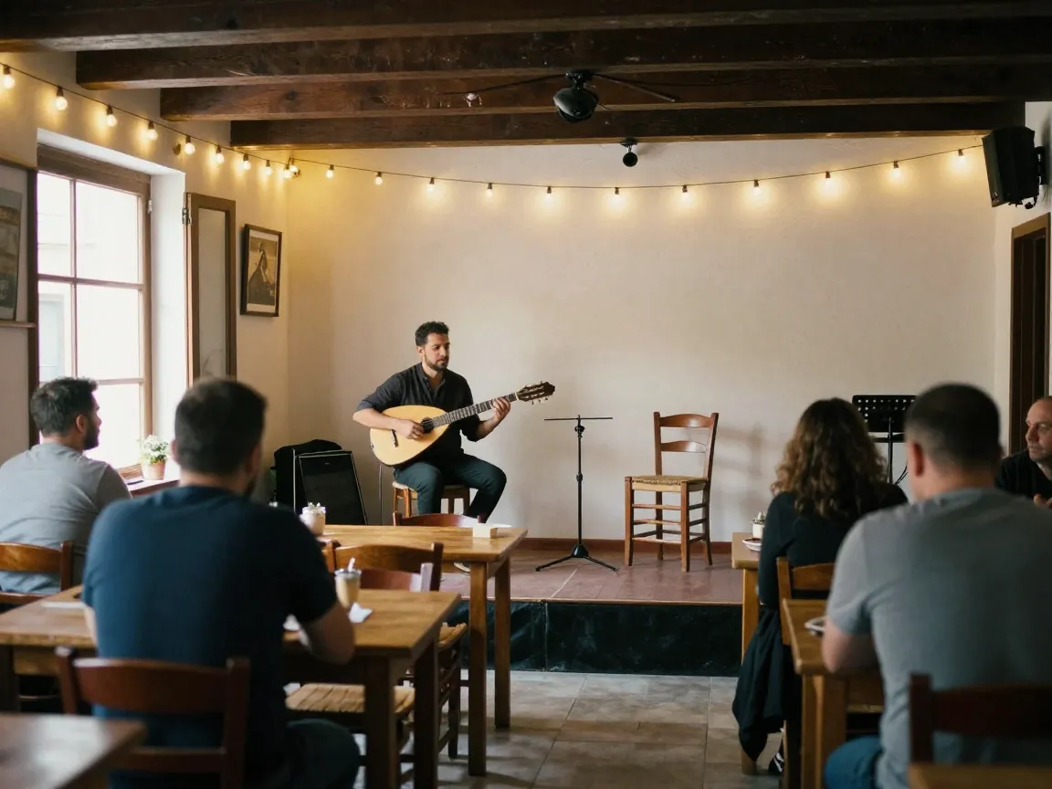 Traditional rebetiko music hall interior with wooden tables, a bouzouki on stage, and warm lighting.