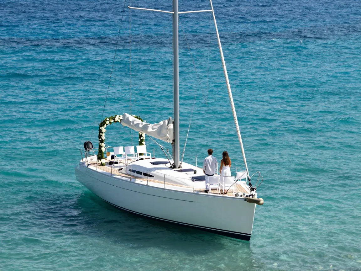 Sailing yacht with wedding setup anchored in a turquoise cove near Athens, couple at the bow.