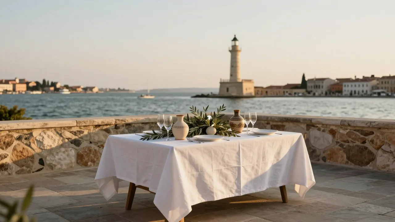 Wedding table on a terrace overlooking Chania harbour at sunset with the lighthouse in the distance.