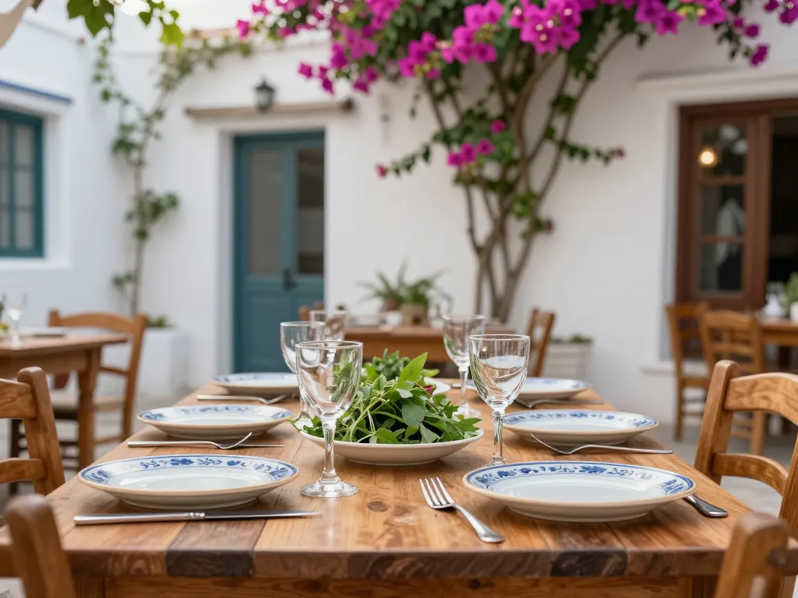 Cretan dinner table in a courtyard with white walls, bougainvillea, and traditional dishes.
