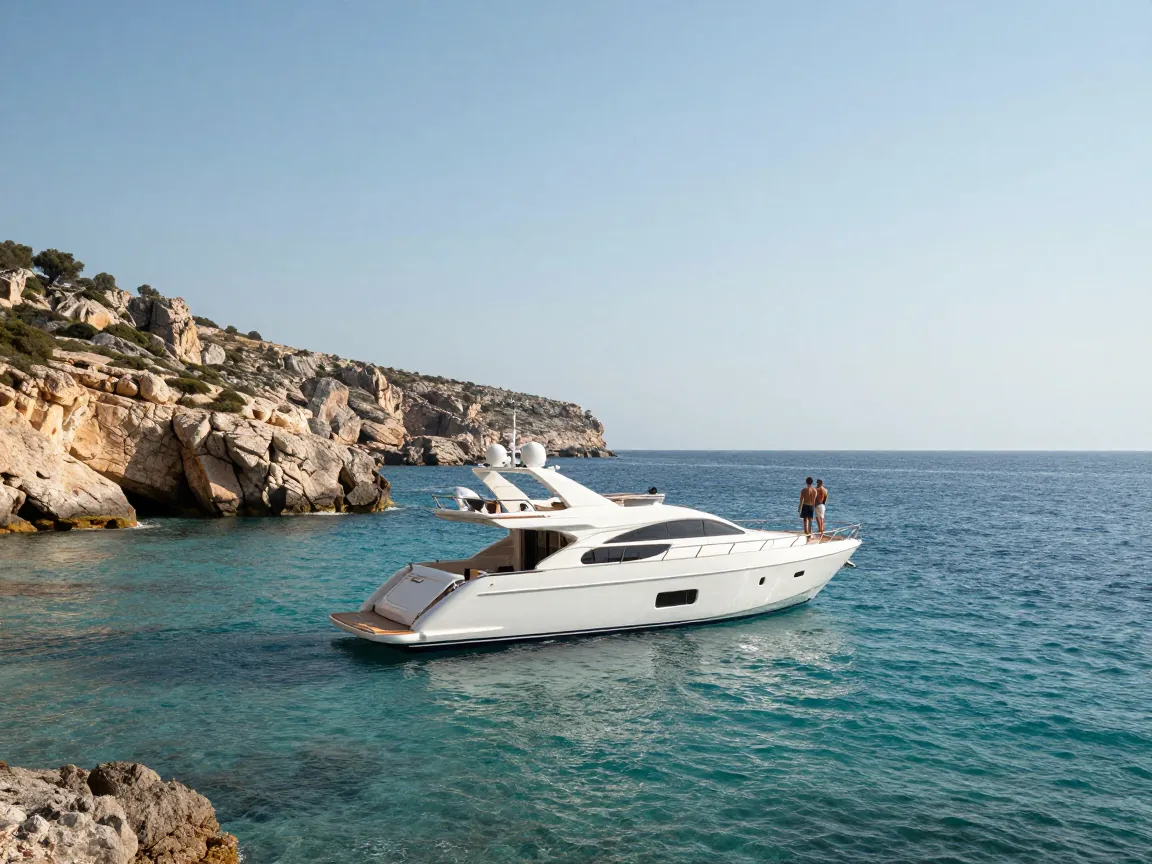 Luxury yacht anchored in a turquoise cove near Chania, with a couple on deck seen from behind.