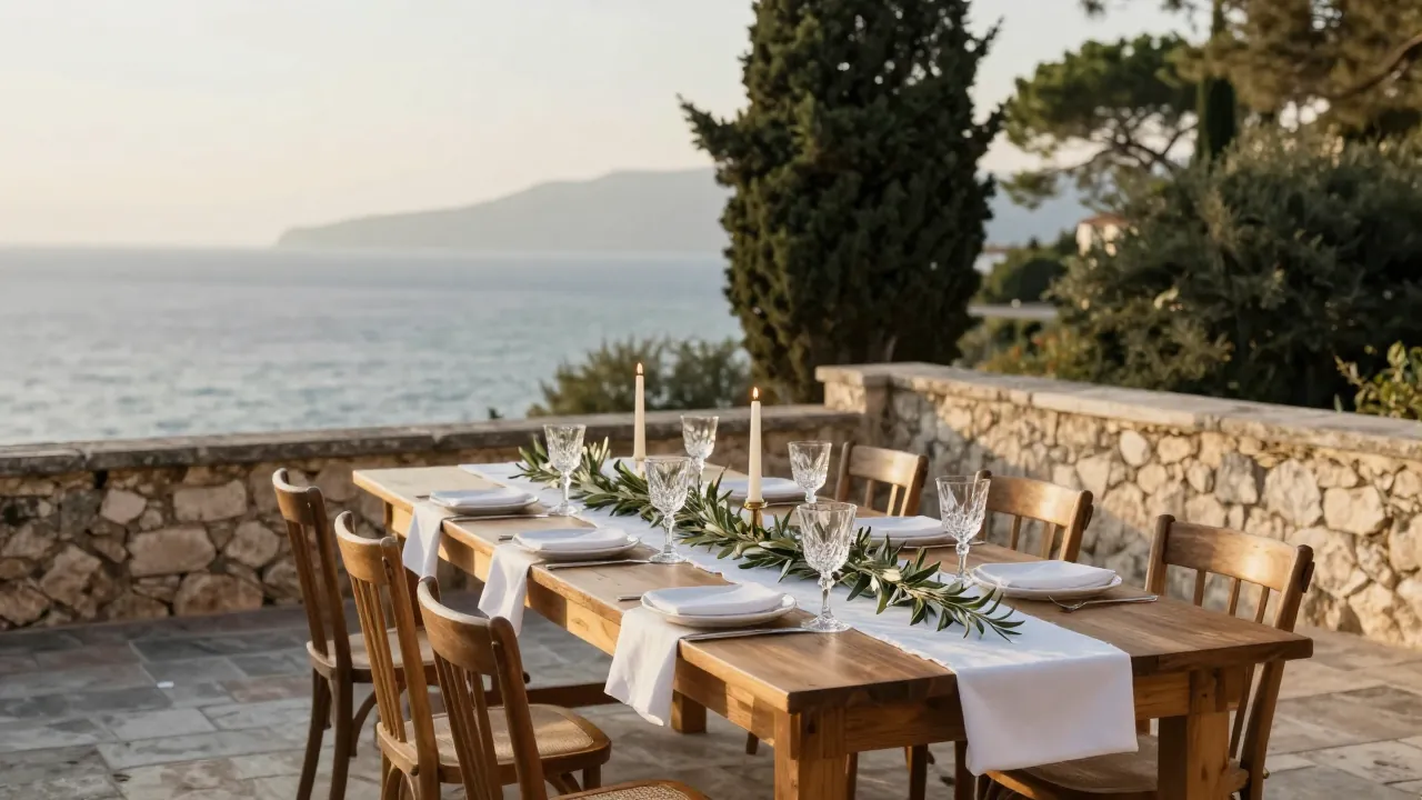 Long wedding banquet table on a stone terrace above the sea in Corfu at golden hour
