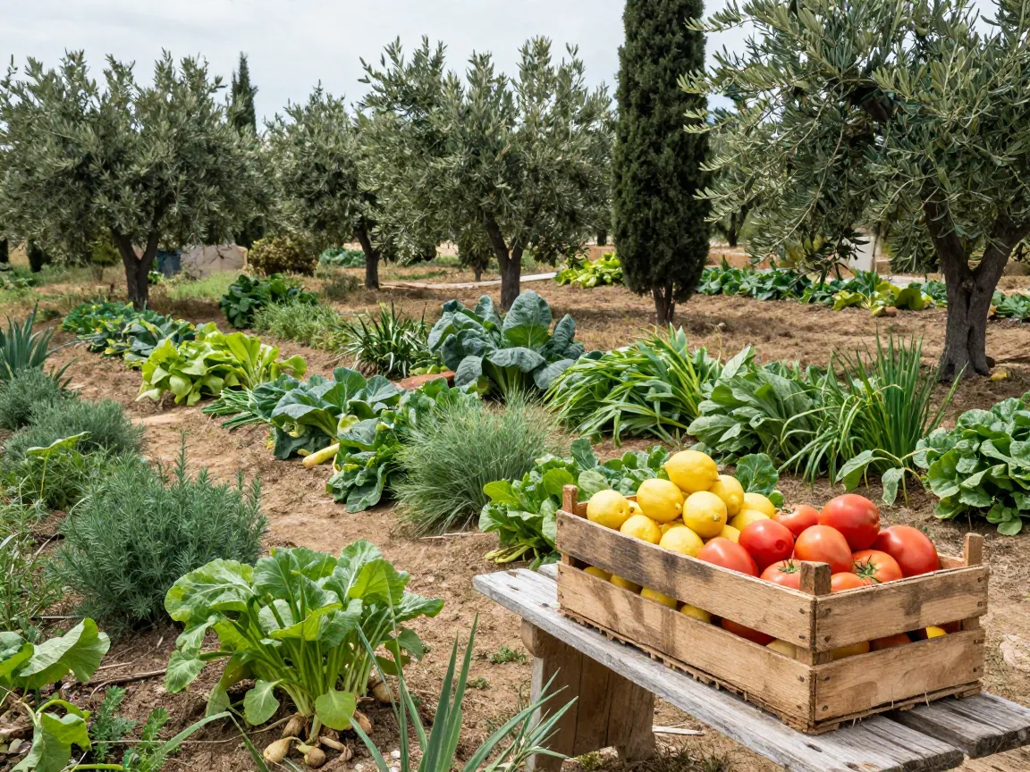 Organic vegetable rows and a crate of lemons at a rural Corfu farm in daylight