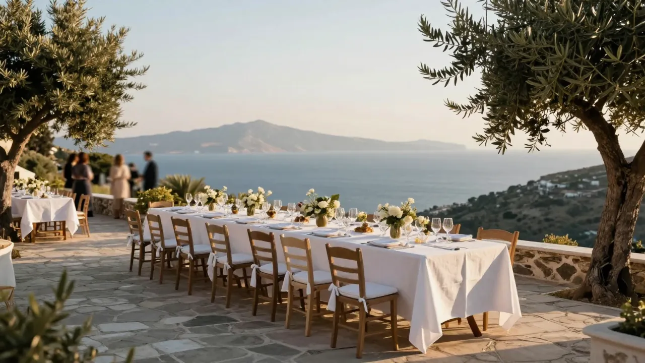 A white-linen table set on a stone terrace overlooking the Cretan sea at sunset, with blurred guests in the distance.