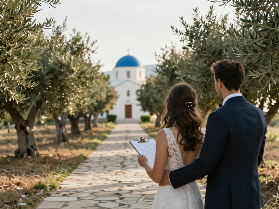 Ένα ζευγάρι και μια διοργανώτρια από πίσω σε πέτρινο μονοπάτι με ελιές, κοιτούν ένα μακρινό ασπροκκλησάκι με γαλάζιο τρούλο.
