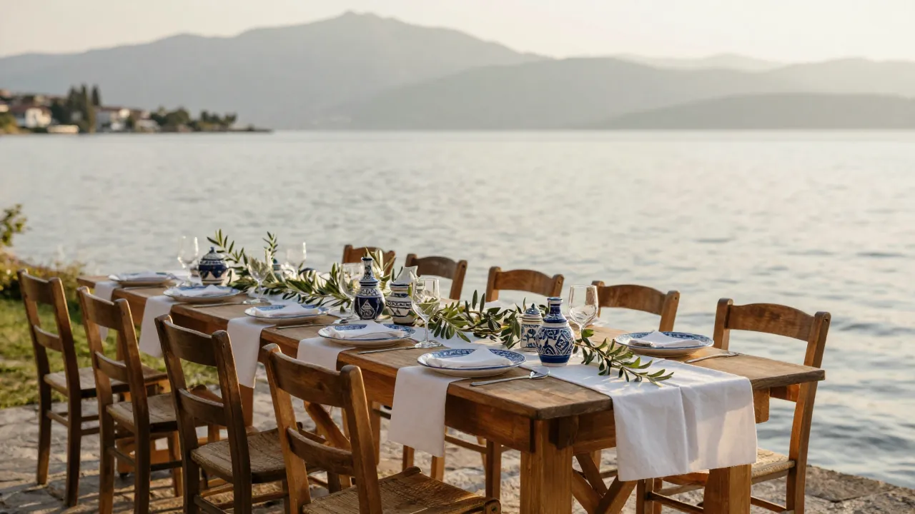 Lakeside terrace in Ioannina set for a wedding, with a table facing the water at golden hour.