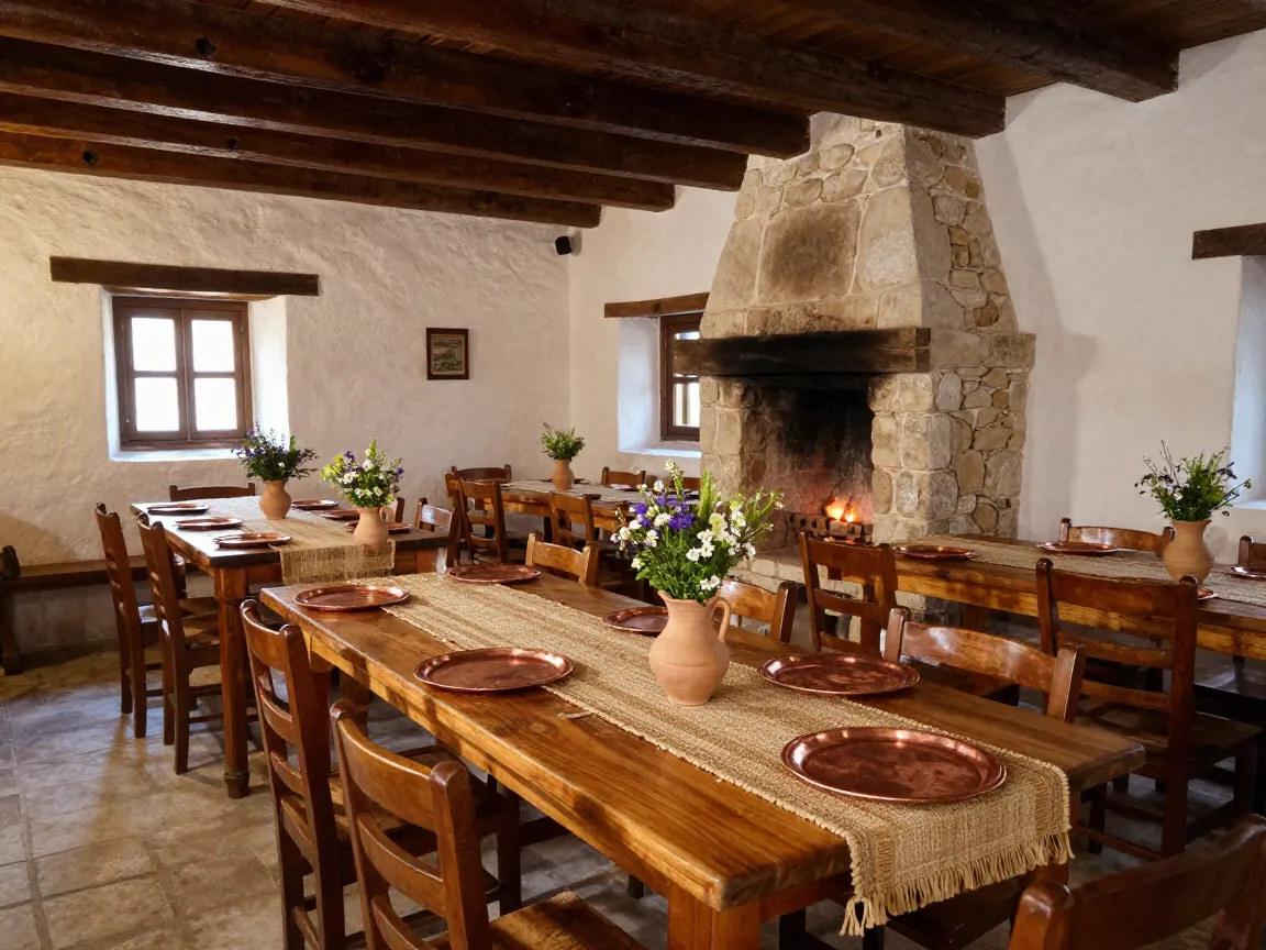 Traditional stone taverna interior in Epirus with long wooden tables set for a wedding feast.