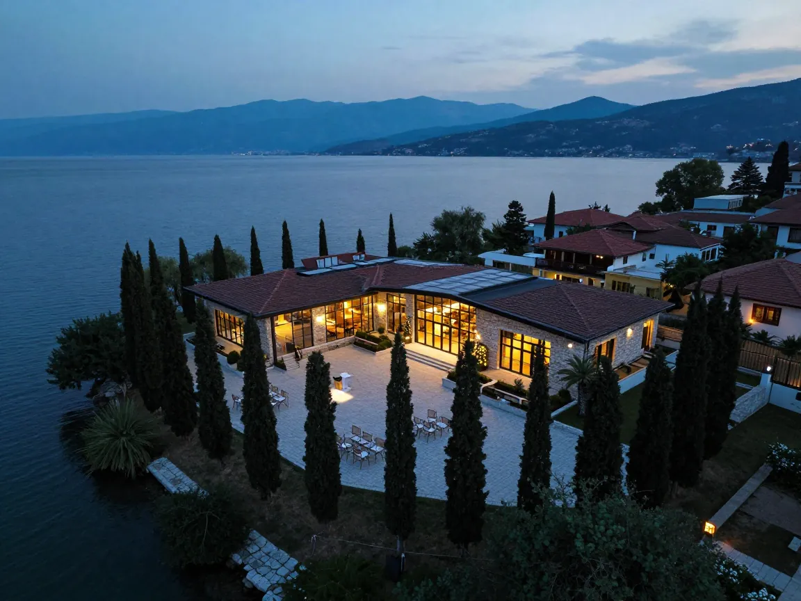 Aerial dusk view of a lakeside wedding venue near Ioannina with lit courtyard and cypress trees.