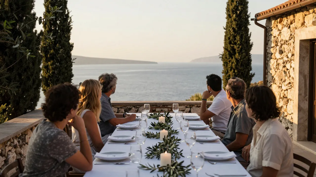 A seaside villa terrace in Kefalonia set for a wedding dinner at sunset, with guests seen from behind.