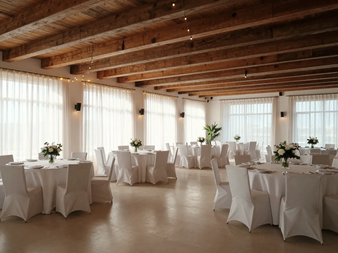 Empty modern event hall with wooden beams, string lights, and white-covered chairs ready for a celebration.