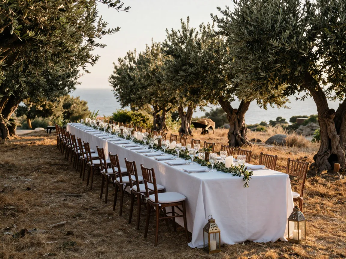 A long wedding table under olive trees with white linen and lanterns, the sea in the distance at golden hour.