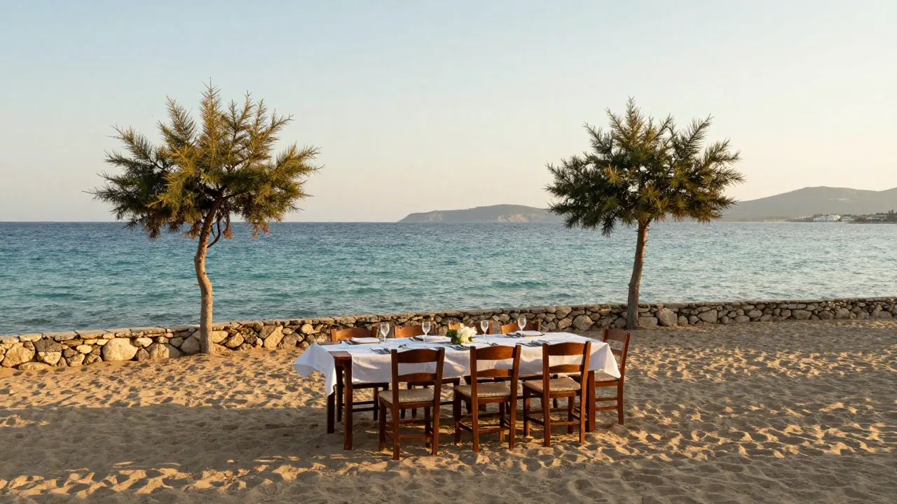Long wooden table set for a celebration on a Greek island beach at golden hour, calm sea behind.
