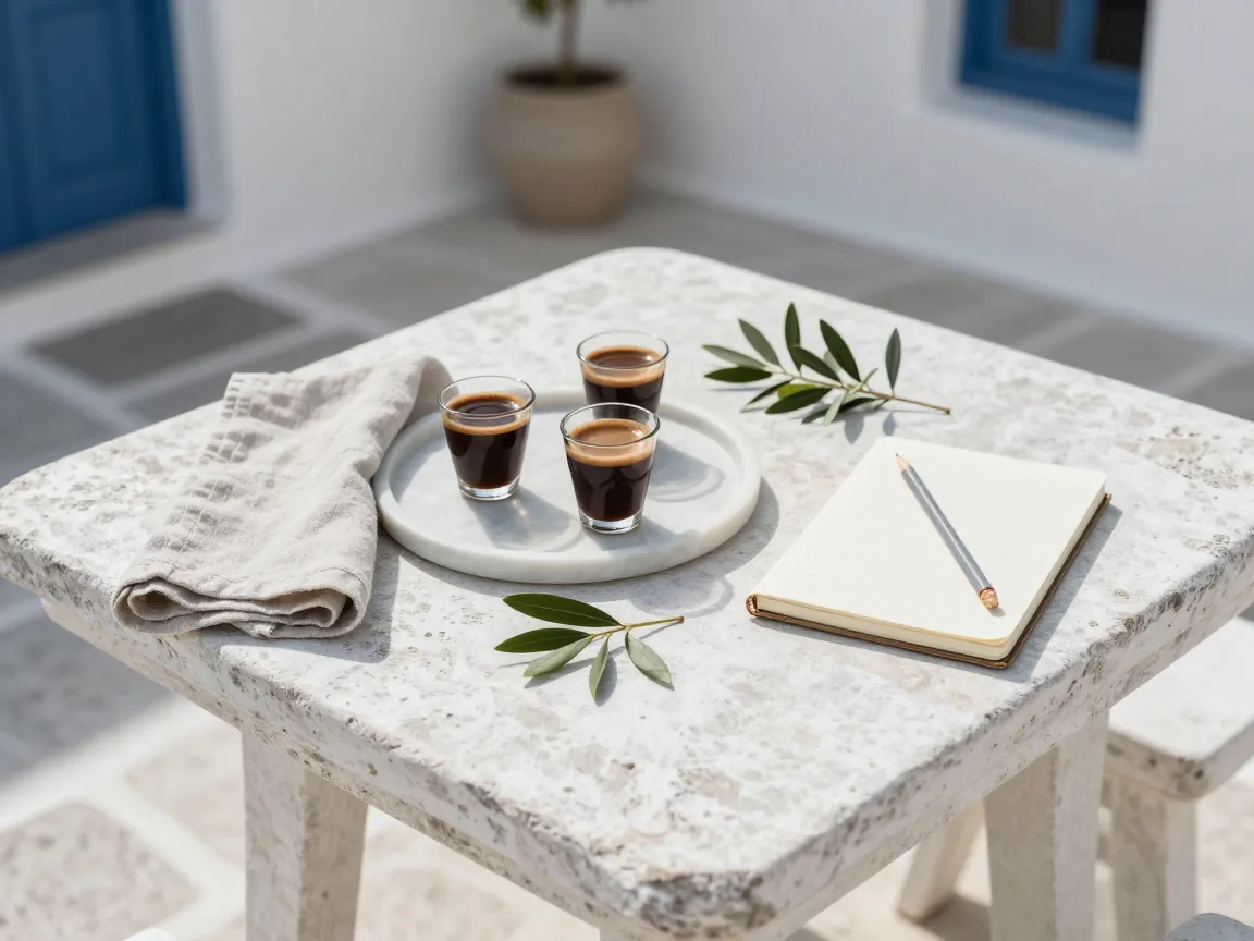 Overhead view of Greek coffee glasses, linen napkin and olive leaves on a whitewashed stone table.