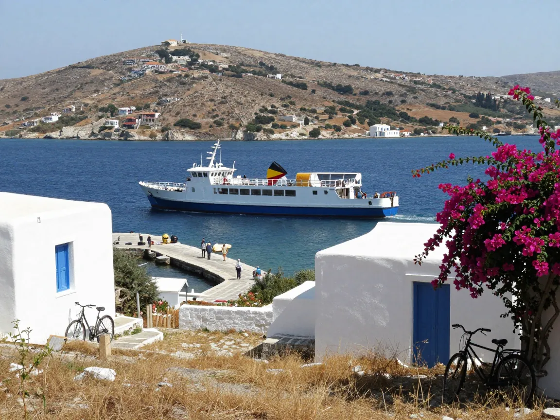 Small ferry approaching a stone pier on a Greek island, whitewashed buildings and bougainvillea above the harbour.