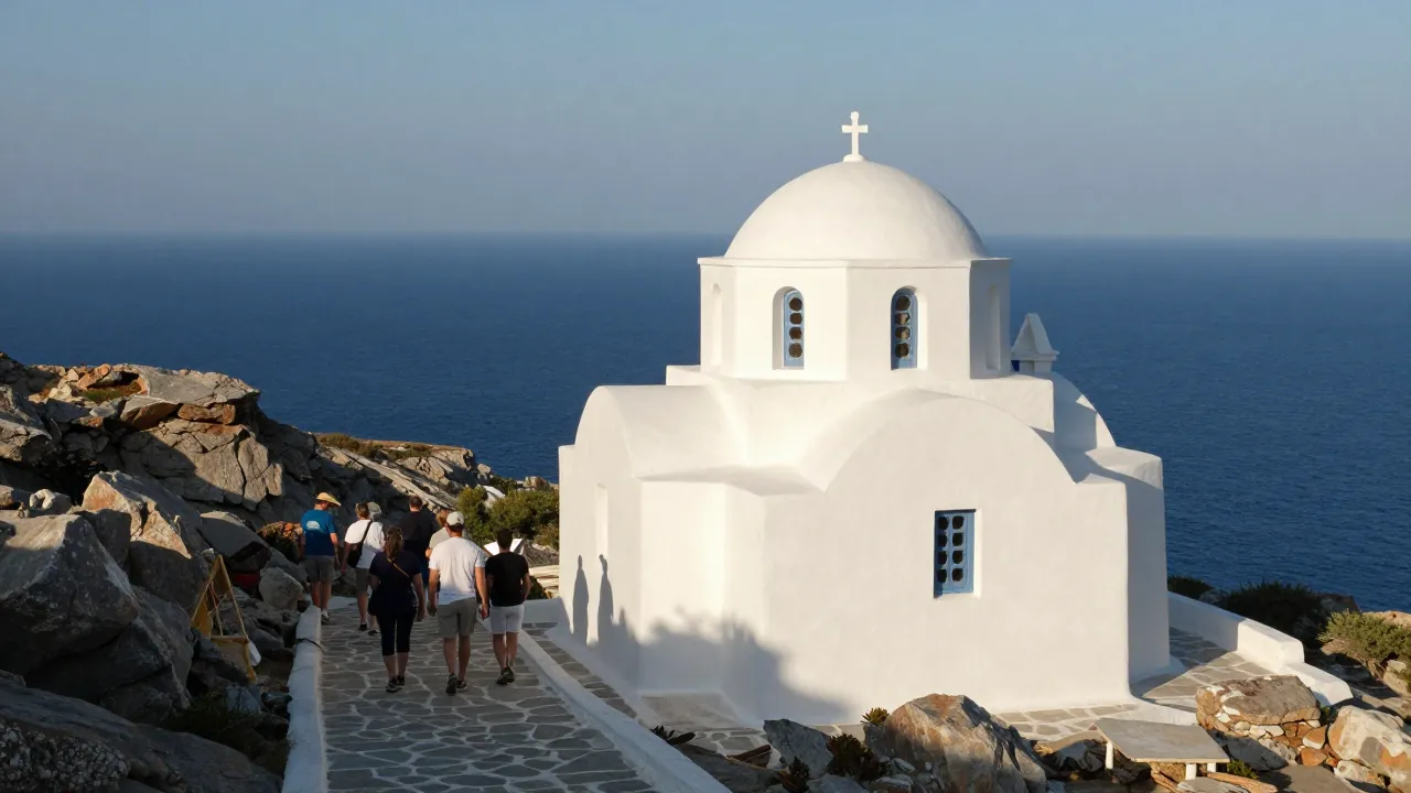 Whitewashed chapel on a Mykonos hillside above the sea, with distant guests walking toward it.