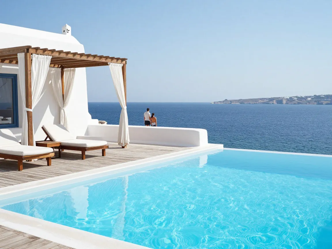 Infinity pool at a white Cycladic villa with sea view and distant couple standing by.