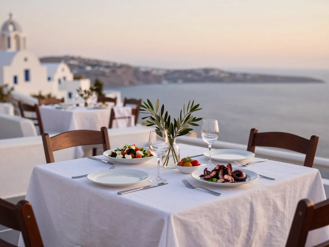 Outdoor wedding table on a Mykonos terrace with Greek dishes, olive branches, and sea view at dusk.