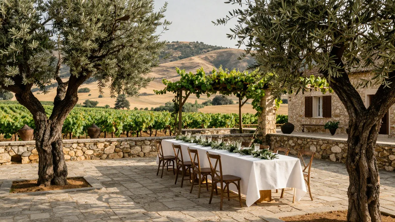 Stone Attica estate courtyard set with a long table, olive branches and vine pergola under warm afternoon light