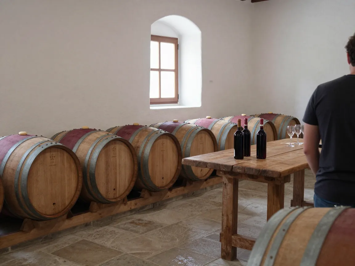 Sunlit winery tasting room with oak barrels, wooden table and carafes of red wine near an arched window