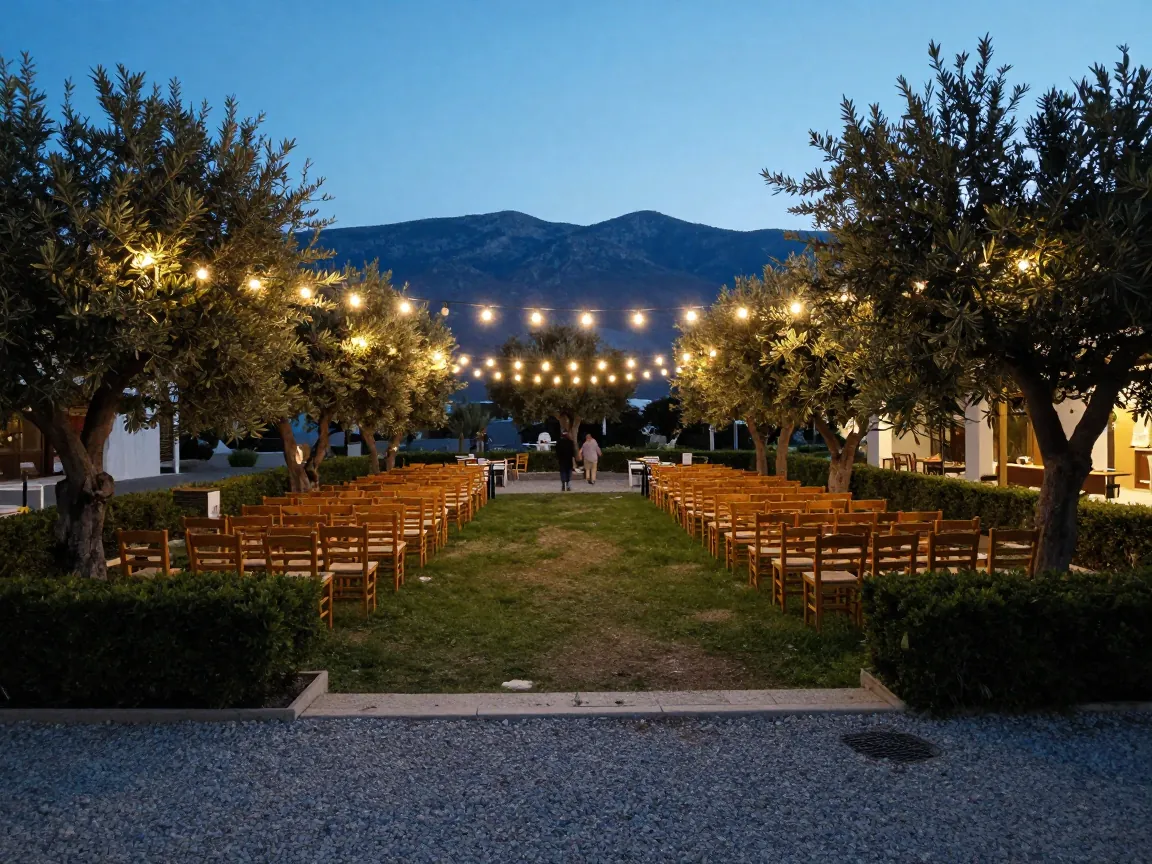 Open-air Greek reception lawn at dusk with string lights, olive trees, wooden chairs and distant out-of-focus guests
