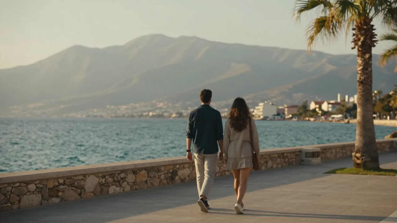A couple strolls along a seaside promenade in Patras at sunset, with the gulf and mountains beyond.